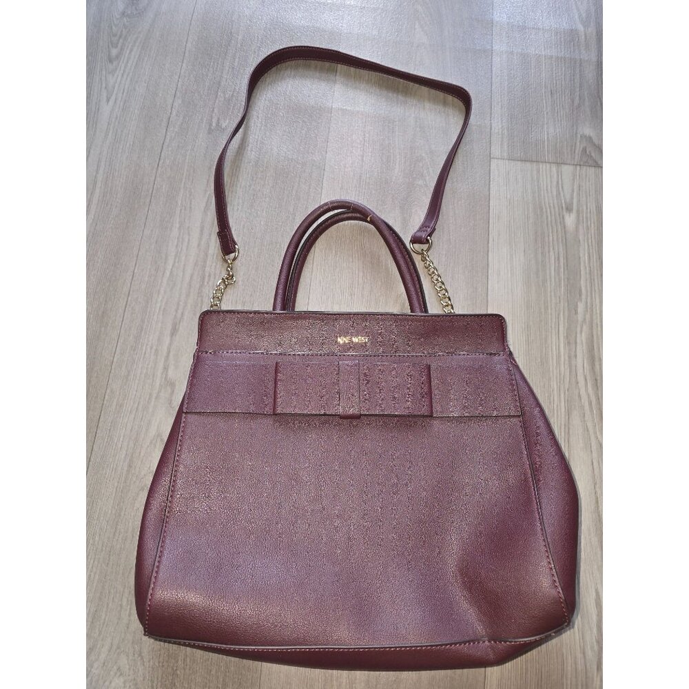 Nine West Mireya Satchel Burgundy Handbag With Bow Detail & Chain Strap